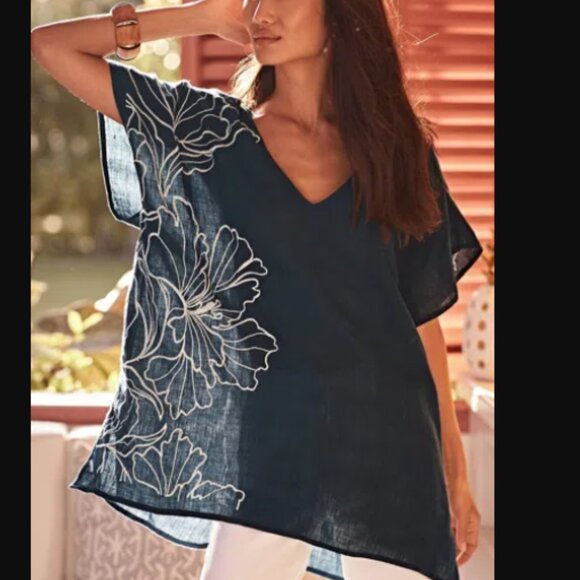 NWT J. Jill Linen Embroidered Poncho Navy Blue Floral Fits XL 1X 2X 3X Boho - Picture 1 of 9